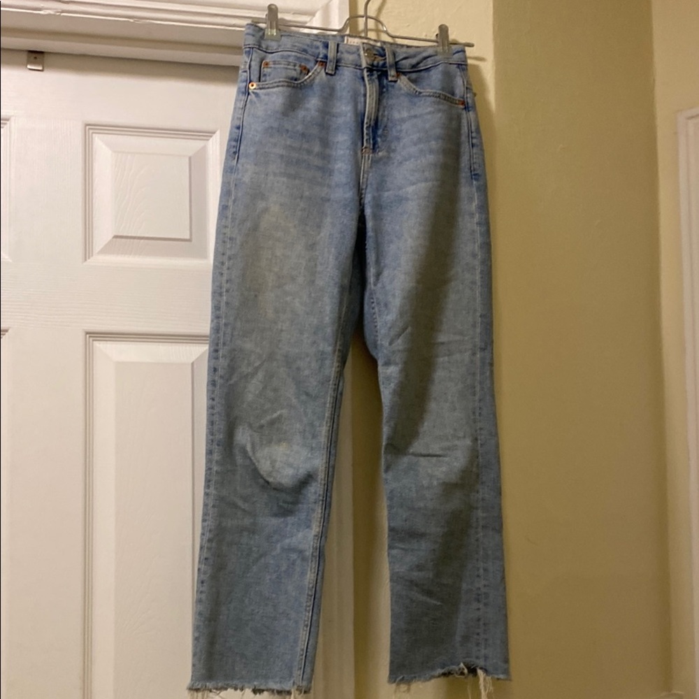 Topshop Blue Ankle Cropped Jeans with Frayed Hem